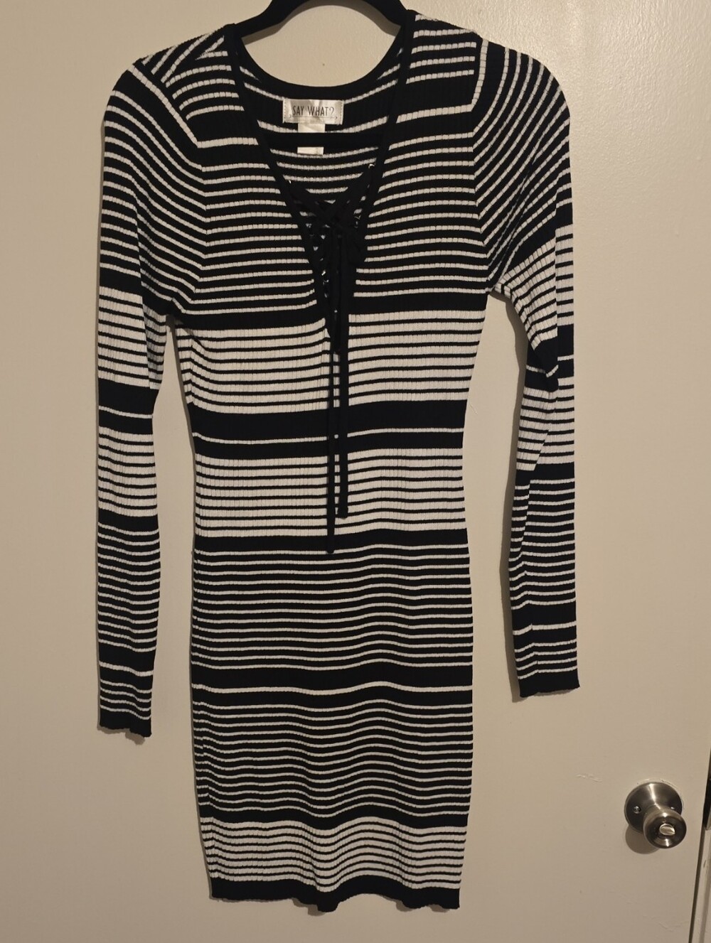 Say What? Black and White Striped Lace-Up Long Sleeve Dress
